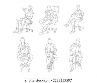Satz Mann sitzend auf einem Stuhl Linie Kunst mit weißem Hintergrund, Illustrationslinie Zeichnung.