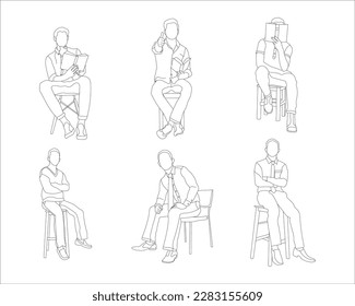 Satz Mann sitzend auf einem Stuhl Linie Kunst mit weißem Hintergrund, Illustrationslinie Zeichnung.