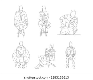 Set of man sitting on a chair line art with white background, illustration line drawing.