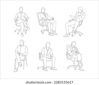 Set of man sitting on a chair line art with white background, illustration line drawing.