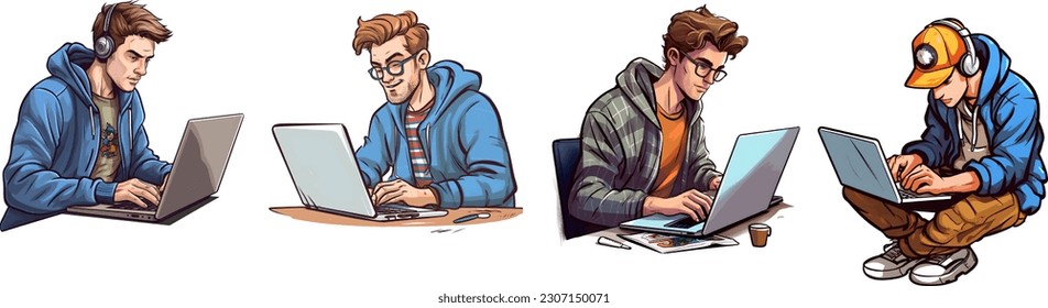 Set of man sitting and using computer laptop.