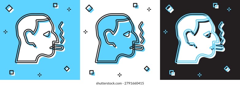 Set Man smoking a cigarette icon isolated on blue and white, black background. Tobacco sign.  Vector