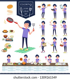 A set of man in sportswear about cooking.There are actions that are cooking in various ways in the kitchen.It's vector art so it's easy to edit.