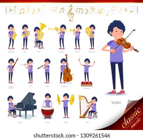 A set of man in sportswear on classical music performances.There are actions to play various instruments such as string instruments and wind instruments.It's vector art so it's easy to edit.