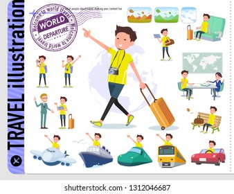 A set of man in sportswear on travel.There are also vehicles such as boats and airplanes.It's vector art so it's easy to edit.