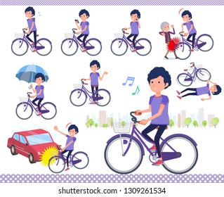 A set of man in sportswear riding a city cycle.There are actions on manners and troubles.It's vector art so it's easy to edit.