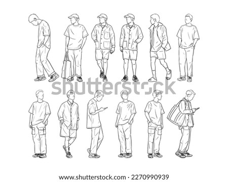 set of Man standing with his hands in his pants pocket line vector drawing. Minimalistic contour illustration.