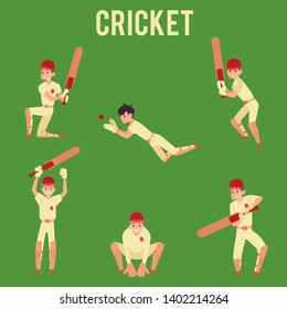 Set of man standing in hit or catch ball poses holding cricket bat cartoon style, vector illustration isolated on green background. Male cricket player or batsman in sport uniform