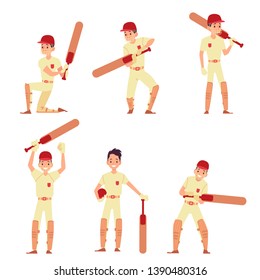 Set of man stands in different action poses holding cricket bat cartoon style, vector illustration isolated on white background. Male cricket player or batsman in sport uniform