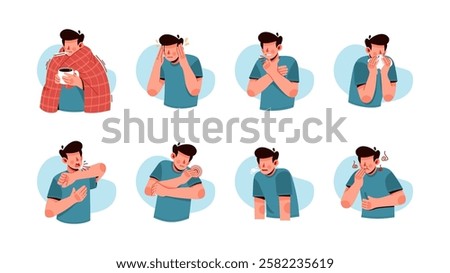 Set of man suffer from flu, high fever, chill, runny nose, congestion, cough, headache, fatigue, muscle and joint pain, sore throat, vomiting. Seasonal influenza symptoms illustration collections