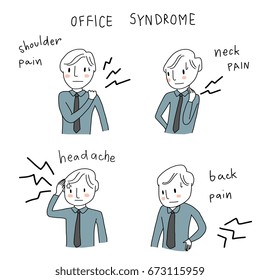 Set of man suffering pain from sick building syndrome or office syndrome such as headache, shoulder pain, back pain, neck pain. Vector illustration with hand-drawn style.