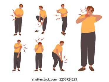 Set of Man suffering from various type of pain. Health Problem, Disease Symptoms and Unhealthy Body Sickness. Cartoon flat vector Illustration
