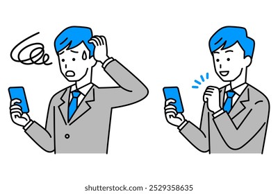 Set of a man in a suit having trouble operating a smartphone and a man in a suit who is happy