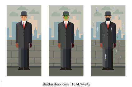 Set of man in suit standing on street. Man with an apple in front of his face and in a mask with flying syringes. Illustration of Magritte style. Vector illustration design