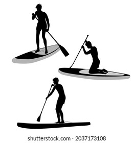 Set man  with SUP-BOARD stand-up padding. Paddle board beach man stand up on paddle board and learns surfing on water, silhouette, cartoon flat design, black and gray, isolated on white background