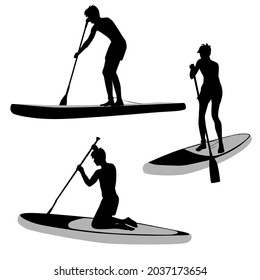 Set man  with SUP-BOARD stand-up padding. Paddle board beach man stand up on paddle board and learns surfing on water, silhouette, cartoon flat design, black and gray, isolated on white background