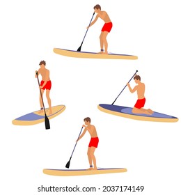 Set man  with SUP-BOARD stand-up padding. Paddle board beach man stand up on paddle board and learns surfing on water, silhouette, cartoon flat design, multicolored isolated on white background