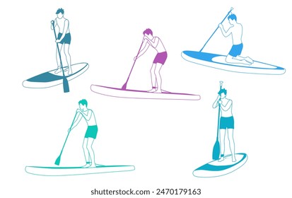 Set hombre con acolchado de pie SUP-TABLERO. El hombre de playa de la tabla de pádel se levanta en la tabla de pádel y aprende a surfear en el agua, silueta, diseño plano de la historieta, multicolor aislado en fondo blanco