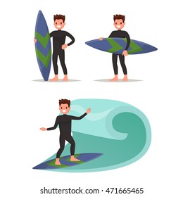 Setze den Menschen Surfer. Posen mit Surfbrett, Reiten auf den Wellen. Vektorgrafik eines flachen Designs