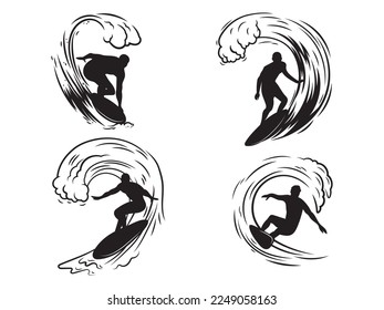 Set of man surfers. Collection of people standing at the blackboard for surfing. Activity lifestyle. Extreme water leisure. Surfer in ocean waves. Vector Illustration of summer sport.
