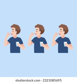 set of a man taking a pill into his mouth with water. holds a pill in his hand and intends to take it. Medication treatment, pharmacy, and medicine. Vector flat illustration