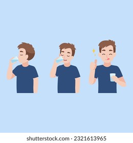 set of a man taking a pill into his mouth with water. holds a pill in his hand and intends to take it. Medication treatment, pharmacy, and medicine. Vector flat illustration