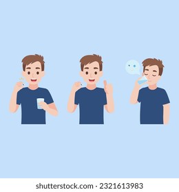 set of a man taking a pill into his mouth with water. holds a pill in his hand and intends to take it. Medication treatment, pharmacy, and medicine. Vector flat illustration