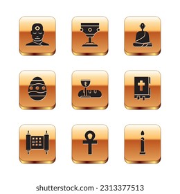 Set Man with third eye, Decree, paper, parchment, scroll, Cross ankh, First communion symbols, Easter egg, Buddhist monk, Burning candle and Christian chalice icon. Vector