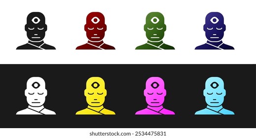 Set Man with third eye icon isolated on black and white background. The concept of meditation, vision of energy, aura.  Vector Illustration
