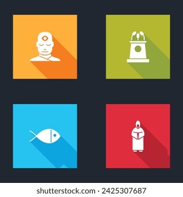 Set Man with third eye, Stage stand or tribune, Christian fish and Monk icon. Vector