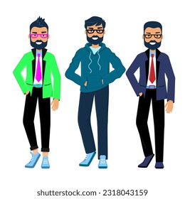 Set of man in tracksuit. Businessman in dress code with beard and glasses. Extravagant guy in bright fashionable clothes