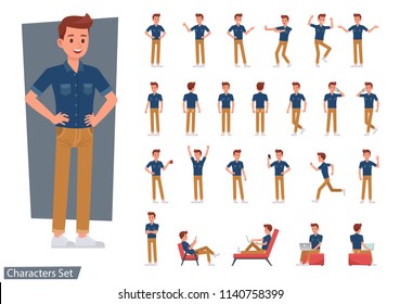 Set of man wear blue jeans shirt character vector design. Presentation in various action with emotions, running, standing and walking. - Shutterstock ID 1140758399