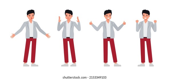 Set of Man wear grey suit color character vector design. Presentation in various action with emotions, running, standing and walking.