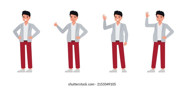 Set of Man wear grey suit color character vector design. Presentation in various action with emotions, running, standing and walking.