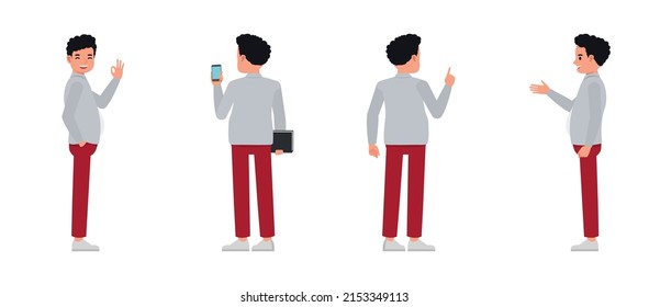 Set of Man wear grey suit color character vector design. Presentation in various action with emotions, running, standing and walking.