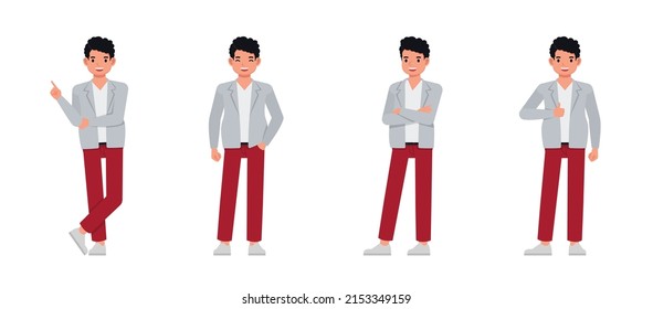 Set of Man wear grey suit color character vector design. Presentation in various action with emotions, running, standing and walking.