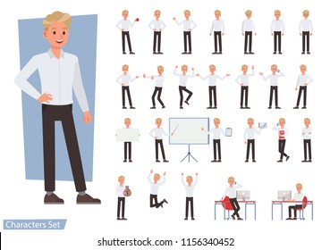 Set of man wear white shirt character vector design. Presentation in various action with emotions, running, standing and walking.