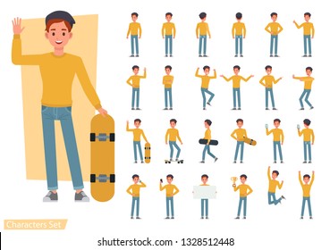 Set of man wear yellow shirt character vector design. Presentation in various action with emotions, running, standing and walking.