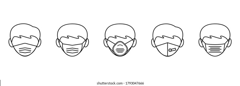 Set of Man Wearing Different Kind of Mouth Mask Thin Icon. Different kind of protective medical mouth mask. Vector Design Illustration.