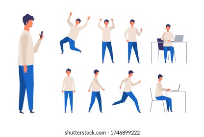 Juego de hombres con la camisa de manga larga en diferentes poses. Trabajar, pararse, caminar, sentarse, correr y saltar. Ilustración vectorial en estilo plano.