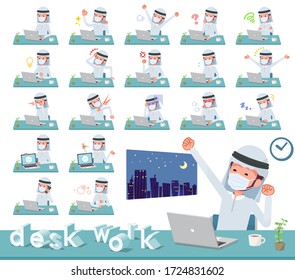 A set of man wearing mask on desk work.There are various actions such as feelings and fatigue.It's vector art so it's easy to edit.