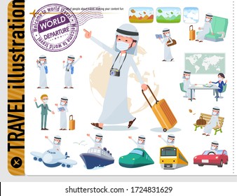 A set of man wearing mask on travel.There are also vehicles such as boats and airplanes.It's vector art so it's easy to edit.