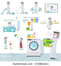 A set of man wearing mask related to housekeeping such as cleaning and laundry.There are various actions such as child rearing.It's vector art so it's easy to edit.