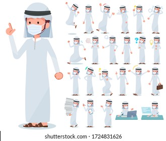 A set of man wearing mask with who express various emotions.There are actions related to workplaces and personal computers.It's vector art so it's easy to edit.