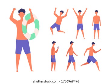 Set of the man wearing the swimsuit in different poses. Standing, walking, running and jumping. Vector illustration in flat style.