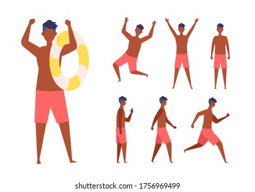 Juego de hombres con traje de baño en diferentes poses. De pie, caminando, corriendo y saltando. Ilustración vectorial en estilo plano.