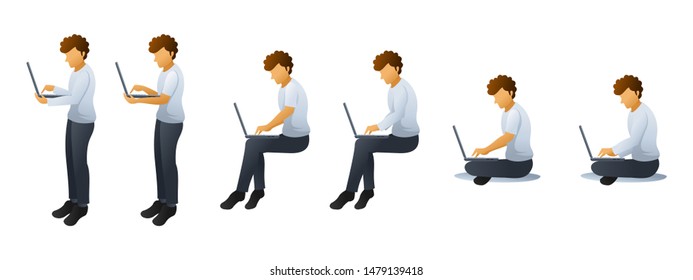 Set of Man wearing a white shirt and black pant playing Laptop. A Man sitting and standing use his Laptop with different positions. Flat Cartoon characters design. vector illustration