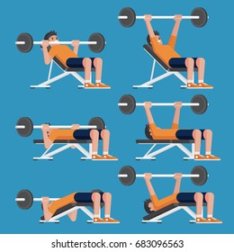 Conjunto de hombre en poses de entrenamiento para el pecho. Incline, Decline de prensa torácica y Barbell Bench Press.