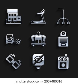 Set Man without legs sitting wheelchair, Blindness, Press the SOS button, Intercom, Eyeglasses, Disabled car, Walking stick cane and Medical hospital building icon. Vector