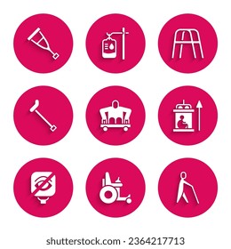 Poner a un hombre sin piernas sentado en silla de ruedas, Electric, Blind human holding stick, Elevator para discapacitados, Blindness, Walking Cane, Walker y Crutch multches icono. Vector